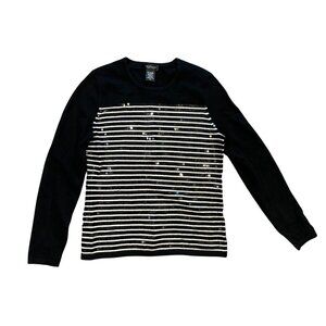 Lord & Taylor Cashmere Sweater, Black w/ white stripes, sequins, size M